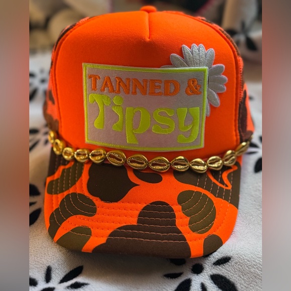 OTTO Accessories - OTTO Orange & Brown "Tanned & Tipsy" Trucker Hat with Gold Shell Chain